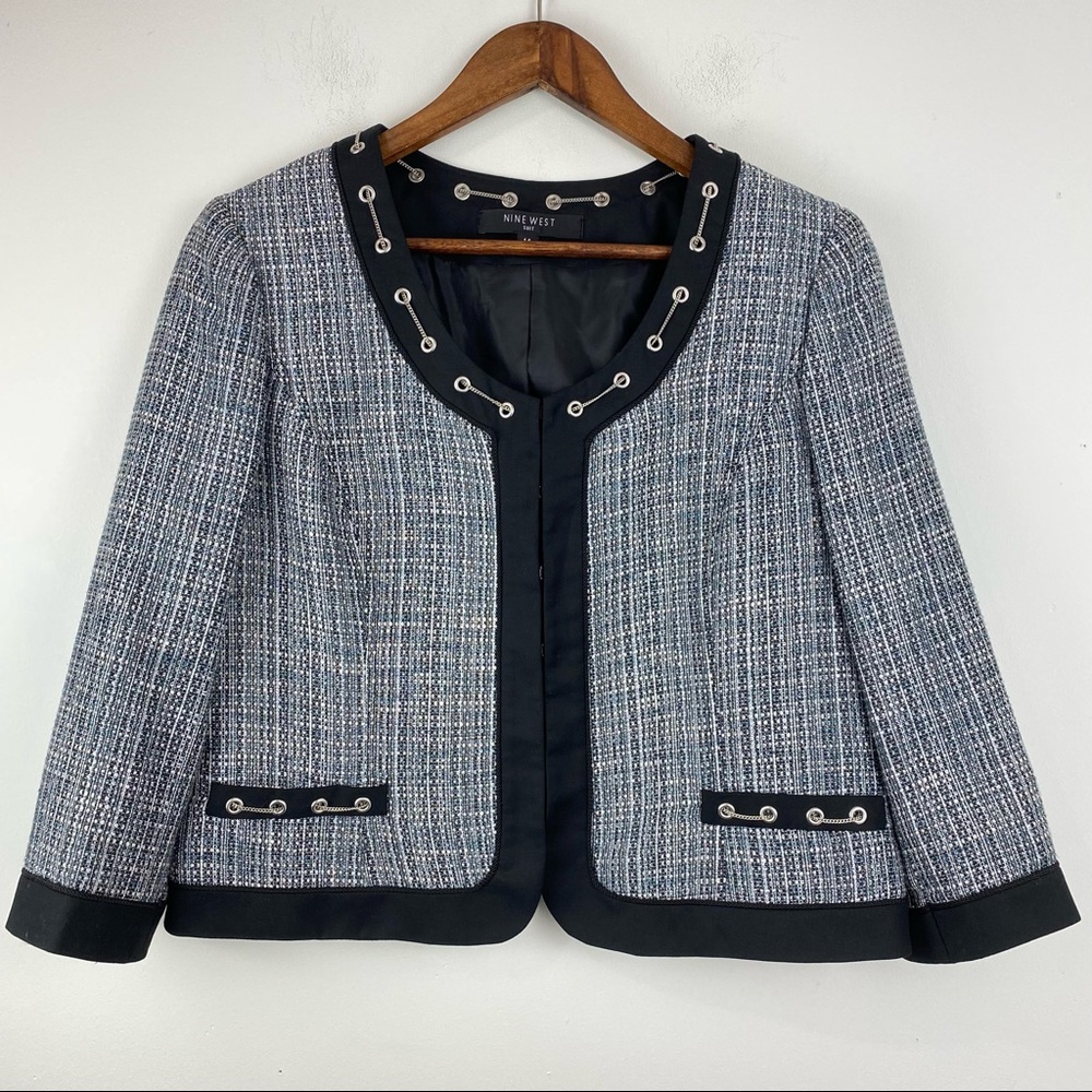 Nine West Suit Sz 14 Women’s Black White Tweed Chain 3/4 Sleeve Blazer Jacket
